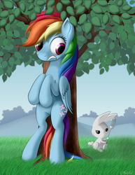 Size: 2400x3111 | Tagged: safe, artist:awalex, angel bunny, rainbow dash, pegasus, pony, g4, magical mystery cure, badass, bipedal, cutie mark swap, duo, fork, hiding, high res, scared, swapped cutie marks, tree