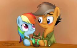 Size: 2766x1737 | Tagged: safe, artist:pucksterv, quibble pants, rainbow dash, pony, g4, stranger than fan fiction, crush, cute, drink, duo, female, heart eyes, male, ship:quibbledash, shipping, straight, wingding eyes