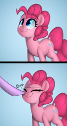 Size: 1768x3300 | Tagged: safe, artist:january3rd, pinkie pie, earth pony, pony, g4, 2 panel comic, boop, comic, cute, diapinkes, eyes closed, implied twilight sparkle, looking up, smiling