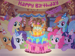 Size: 2048x1536 | Tagged: safe, artist:baraniruchu, applejack, fluttershy, pinkie pie, rainbow dash, rarity, twilight sparkle, earth pony, pegasus, pony, unicorn, g4, banner, birthday, birthday cake, cake, female, food, grin, happy birthday, hat, indoors, looking at you, mane six, mare, open mouth, party hat, show accurate, smiling, sugarcube corner
