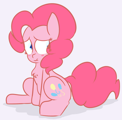 Size: 1280x1251 | Tagged: safe, artist:mr-degration, pinkie pie, g4, :t, blushing, chest fluff, cute, diapinkes, eye clipping through hair, female, simple background, sitting, solo