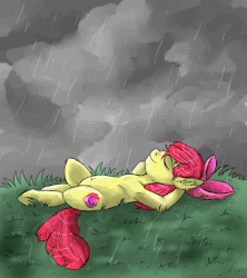 Size: 800x900 | Tagged: safe, artist:shimazun, apple bloom, earth pony, pony, g4, animated, armpits, belly button, cutie mark, eyes closed, female, on back, rain, relaxing, solo, the cmc's cutie marks