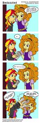 Size: 517x1542 | Tagged: safe, artist:goddessgoodra, adagio dazzle, sunset shimmer, comic:bedazzled, equestria girls, g4, bad human, comic, dialogue, female, lesbian, newspaper, one sided shipping, ship:sunsagio, shipping, shipping denied