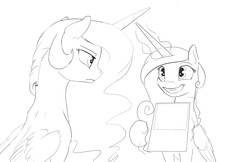 Size: 1280x829 | Tagged: safe, artist:silfoe, princess cadance, princess celestia, royal sketchbook, g4, exploitable, frown, grayscale, grin, monochrome, sketch, smiling