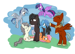 Size: 3500x2500 | Tagged: safe, artist:wellfugzee, twilight sparkle, oc, oc:bluejay, oc:lister, oc:littlepip, oc:meno, oc:peachy, oc:short fuse, oc:walnuts, alicorn, pony, pony town, g4, high res, twilight sparkle (alicorn)