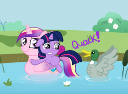Size: 1280x943 | Tagged: safe, artist:kuromi, princess cadance, twilight sparkle, alicorn, duck, mallard, pony, unicorn, g4, duo, female, filly, filly twilight sparkle, male, mare, pegaduck, ponies riding ponies, quack, riding, scared, spread wings, swimming, teen princess cadance, water, wings