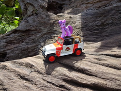 Size: 4896x3672 | Tagged: safe, derpibooru exclusive, part of a set, photographer:drakkenfyre, twilight sparkle, g4, blind bag, hawaii, irl, jeep, jurassic park, kauai, mountain, photo, ponies around the world, solo, toy, tree