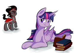 Size: 900x650 | Tagged: safe, artist:patty-plmh, king sombra, twilight sparkle, alicorn, pony, g4, book, female, male, prone, reading, ship:twibra, shipping, stomping, straight, twilight sparkle (alicorn)