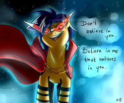 Size: 3000x2500 | Tagged: safe, artist:lrusu, pony, crossover, dialogue, high res, kamina, ponified, solo, sunglasses, tengen toppa gurren lagann
