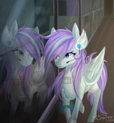 Size: 969x1050 | Tagged: safe, artist:lunastyczna, oc, oc only, pegasus, pony, amputee, headphones, prosthetic limb, prosthetics, reflection