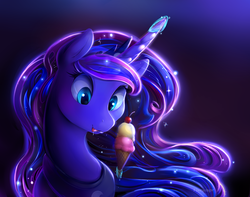 Size: 2000x1572 | Tagged: safe, artist:viwrastupr, princess luna, pony, g4, bust, cherry, drool, eating, eyes on the prize, female, food, happy, ice cream, ice cream cone, licking, licking lips, magic, mare, portrait, solo, telekinesis, tongue out