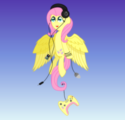 Size: 1024x983 | Tagged: safe, artist:tickiploosha, fluttershy, pegasus, pony, g4, computer mouse, controller, female, fluttershy plays, gamershy, gradient background, headphones, iphone, solo, vannamelon