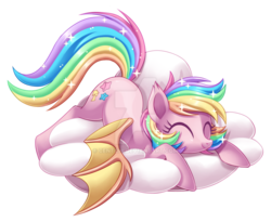 Size: 1024x838 | Tagged: safe, artist:centchi, oc, oc only, oc:paper stars, bat pony, pony, amputee, cloud, cute, paperbetes, prone, rainbow hair, rainbow tail, solo, watermark