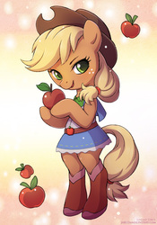 Size: 595x850 | Tagged: safe, artist:lindsay cibos, applejack, earth pony, pony, semi-anthro, g4, apple, bipedal, chibi, clothes, cute, equestria girls outfit, female, food, hoof hold, jackabetes, lidded eyes, looking at you, open mouth, smiling, solo