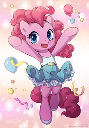 Size: 595x850 | Tagged: safe, artist:lindsay cibos, pinkie pie, pony, g4, ballerina, balloon, bipedal, clothes, cute, diapinkes, female, looking at you, pinkarina, raised hoof, solo, streamers, tutu