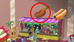 Size: 572x326 | Tagged: safe, screencap, pony, g4, stranger than fan fiction, carrot, carrot dog, convention, food