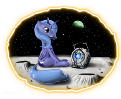 Size: 1222x1000 | Tagged: dead source, safe, artist:hereticofdune, princess luna, alicorn, pony, g4, crossover, female, mare, moon, personality core, portal, portal (valve), s1 luna, simple background, space, transparent background, wheatley