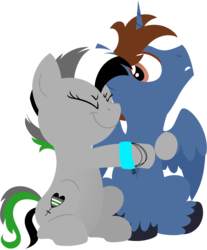 Size: 1912x2305 | Tagged: safe, artist:frozenstar37615, oc, oc only, oc:green streak, oc:headlong flight, alicorn, pony, alicorn oc, commission, glomp, horn, hug, wings