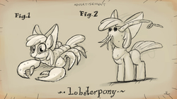 Size: 2400x1350 | Tagged: safe, artist:docwario, apple bloom, lobster, pony, sea pony, g4, not salmon, wat, what has magic done, wtf