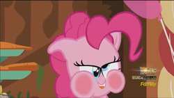 Size: 1920x1080 | Tagged: safe, screencap, pinkie pie, pony, g4, the one where pinkie pie knows, blushing, derp, faic, female, floppy ears, great moments in animation, mare, open mouth, pinkie being pinkie, ponk, puffy cheeks, smiling, solo, wat