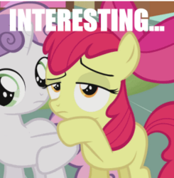 Size: 300x306 | Tagged: safe, apple bloom, sweetie belle, earth pony, pony, unicorn, g4, female, filly, frown, hoof on chin, image macro, interesting, intrigued, lidded eyes, meme, reaction image