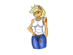 Size: 1024x768 | Tagged: safe, artist:nwinter3, applejack, anthro, g4, clothes, female, pants, simple background, solo, tank top