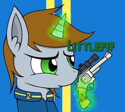 Size: 720x644 | Tagged: safe, artist:mansun, oc, oc only, oc:littlepip, pony, unicorn, fallout equestria, clothes, fanfic, fanfic art, female, glowing horn, gun, handgun, horn, jumpsuit, little macintosh, magic, mare, revolver, simple background, solo, telekinesis, vault suit, weapon