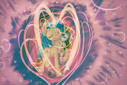 Size: 1500x1000 | Tagged: safe, artist:cometakat, oc, oc only, oc:homage, oc:littlepip, pony, unicorn, fallout equestria, abstract background, eyes closed, fanfic, fanfic art, female, floppy ears, hooves, horn, mare, oc x oc