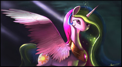 Size: 7200x3960 | Tagged: dead source, safe, artist:auroriia, princess celestia, alicorn, pony, g4, crepuscular rays, female, mare, solo, spread wings