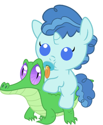 Size: 836x1017 | Tagged: safe, artist:red4567, gummy, party favor, pony, g4, baby, baby pony, cute, favorbetes, pacifier, ponies riding gators, riding, weapons-grade cute