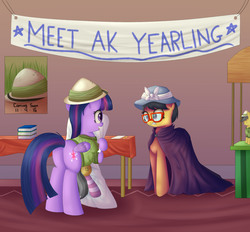 Size: 2200x2044 | Tagged: safe, artist:vanillaghosties, a.k. yearling, daring do, twilight sparkle, alicorn, pegasus, pony, g4, stranger than fan fiction, body pillow, book, butt, clothes, cringing, daring daki, duo, female, hat, high res, implied lesbian, mare, pillow, plot, socks, striped socks, twilight sparkle (alicorn), unamused
