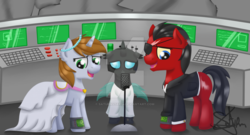 Size: 1024x554 | Tagged: safe, artist:saturnstar14, oc, oc only, oc:littlepip, oc:red eye, changeling, cyborg, earth pony, pony, unicorn, fallout equestria, clothes, context is for the weak, deviantart watermark, dress, ear fluff, eyepatch, fanfic, fanfic art, female, hetero littlepip, hooves, horn, male, mare, marriage, microphone, obtrusive watermark, oc x oc, open mouth, pipbuck, red pip, shipping, signature, stallion, straight, suit, trio, watermark, wedding, wedding dress