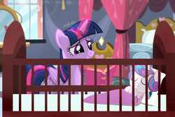 Size: 2898x1938 | Tagged: safe, artist:shutterflyeqd, princess flurry heart, twilight sparkle, alicorn, pony, g4, aunt and niece, auntie twilight, baby, baby blanket, bedtime story, blanket, book, crib, cute, flurrybetes, magic, pillow, signature, sleeping, smiling, twiabetes, twilight sparkle (alicorn)
