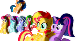 Size: 967x518 | Tagged: safe, artist:elementalalchemist03, indigo zap, lemon zest, pinkie pie, sci-twi, sour sweet, sugarcoat, sunny flare, sunset shimmer, twilight sparkle, alicorn, pony, equestria girls, g4, alicornified, alternate mane seven, alternate universe, equestria girls ponified, ponified, race swap, shimmercorn, species swap