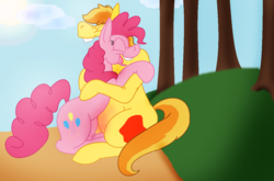 Size: 1176x776 | Tagged: safe, artist:jennythejackass, braeburn, pinkie pie, g4, ask-mpreg-braeburn, belly blush, cute, explicit source, hug, implied gay, magical gay spawn, male pregnancy, parents:soarburn, pregnant, shipping