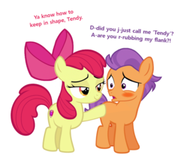 Size: 1090x1022 | Tagged: safe, artist:lunaticdawn, apple bloom, tender taps, earth pony, pony, g4, awkward, bad touch, bedroom eyes, blushing, butt touch, colt, cutie mark, dialogue, female, filly, flirting, hoof on butt, male, molestation, open mouth, personal space invasion, shipping, simple background, straight, tenderbloom, the cmc's cutie marks, transparent background