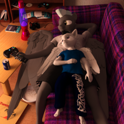 Size: 2000x2000 | Tagged: safe, artist:tahublade7, rumble, thunderlane, anthro, plantigrade anthro, g4, 3d, barefoot, brothers, controller, couch, daz studio, feet, high res, lava lamp, siblings, soda