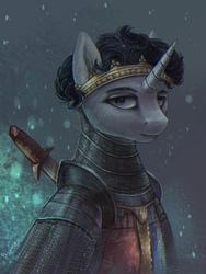 Size: 2199x2924 | Tagged: safe, artist:fly-gray, pony, unicorn, armor, bust, crown, edward woodstock, england, high res, history, hundred years' war, jewelry, medieval, ponified, portrait, regalia, solo, sword, the black prince, war, weapon