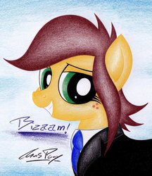 Size: 1024x1185 | Tagged: safe, artist:thechrispony, oc, oc only, oc:canni soda, pony, galacon, bizaam, female, freckles, looking at you, mare, solo, traditional art