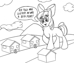 Size: 1280x1098 | Tagged: safe, artist:keboponda, apple bloom, earth pony, pony, g4, 30 minute art challenge, dialogue, female, giant pony, macro, monochrome, open mouth, solo, speech bubble