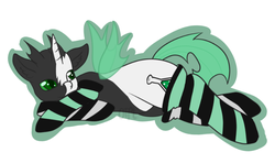 Size: 800x475 | Tagged: safe, artist:otpl, oc, oc only, oc:tounicoon, changeling, hybrid, abstract background, changeling oc, clothes, green changeling, male, socks, solo, striped socks