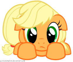 Size: 1280x1085 | Tagged: safe, artist:justisanimation, applejack, earth pony, pony, g4, animated, applecat, behaving like a cat, blinking, cute, ear flick, ears back, female, frown, hatless, jackabetes, mare, missing accessory, prone, sad, scared, simple background, solo, white background
