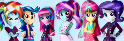 Size: 1852x618 | Tagged: safe, artist:elementalalchemist03, indigo zap, pinkie pie, rainbow dash, rarity, sour sweet, sunny flare, equestria girls, g4, my little pony equestria girls: friendship games, alternate clothes, alternate hairstyle, alternate universe, clothes, crystal prep academy uniform, goggles, headphones, pinkamena diane pie, ponytail, school uniform, shirt, skirt