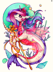 Size: 734x1000 | Tagged: safe, artist:php174, princess celestia, alicorn, merpony, g4, beautiful, bubble, color porn, coral, crepuscular rays, crown, cute, dorsal fin, ear piercing, earring, eyelashes, female, fin, fin wings, fins, gem, happy, hoof shoes, jewelry, looking up, modern art, necklace, nouveau, ocean, piercing, pink eyes, princess sealestia, princess shoes, regalia, scales, sealestia, seaponified, seapony celestia, seashell, seaweed, simple background, smiling, solo, species swap, staff, swimming, traditional art, underwater, water, white background, wings