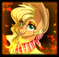 Size: 700x666 | Tagged: safe, artist:derpsonhooves, applejack, g4, bandana, female, leaves, solo