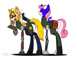 Size: 3500x2625 | Tagged: safe, artist:derpanater, oc, oc only, oc:alto clarinet reed, oc:vibraphone echo, cyborg, cyborg pony, original species, pony, fallout equestria, fallout equestria: dance of the orthrus, black eye, clothes, commission, digital art, fanfic, fanfic art, female, funny, high res, hooves, horn, mare, medic, medical saddlebag, mirage pony, saddle bag, simple background, tattered, transparent background