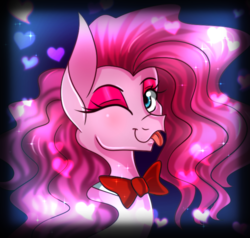 Size: 700x666 | Tagged: safe, artist:derpsonhooves, pinkie pie, g4, bowtie, female, heart, one eye closed, solo, tongue out, wink