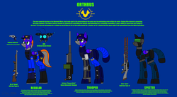 Size: 7300x4000 | Tagged: safe, artist:derpanater, robot, fallout equestria, fallout equestria: dance of the orthrus, armor, clothes, gun, reference sheet, text, weapon