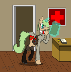 Size: 3500x3530 | Tagged: safe, artist:derpanater, oc, oc only, oc:cipher heart, pony, unicorn, clipboard, clothes, commission, cutie mark, desk, digital art, floor, high res, magic, necktie, paper, pencil, red cross, saddle bag, telekinesis, wood