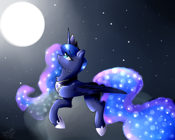 Size: 1280x1024 | Tagged: safe, artist:coolmoonxx, princess luna, g4, chest fluff, cloud, female, looking up, moon, prone, solo, stars